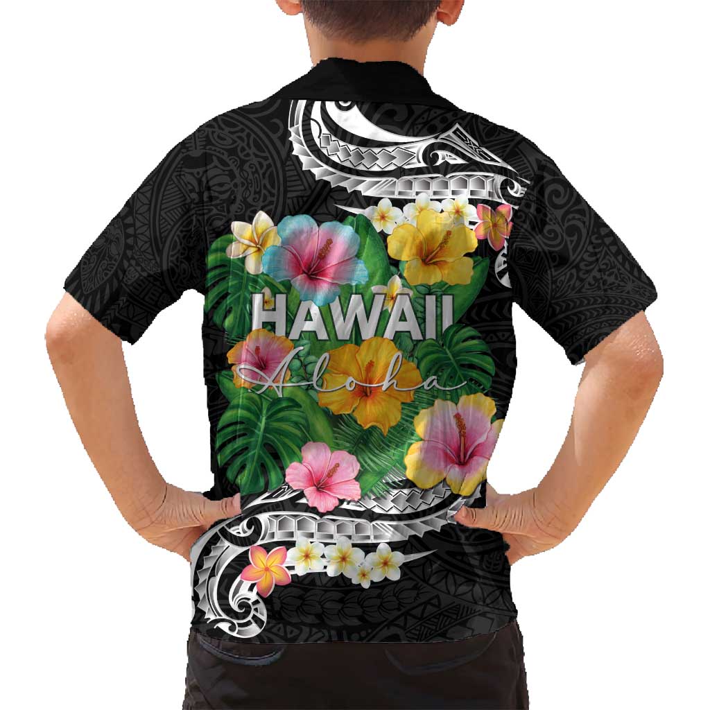 Hawaii Aloha Tropical Leaves and Flower Family Matching Puletasi and Hawaiian Shirt with Polynesian Art Tattoo Black Color - Polynesian Pride