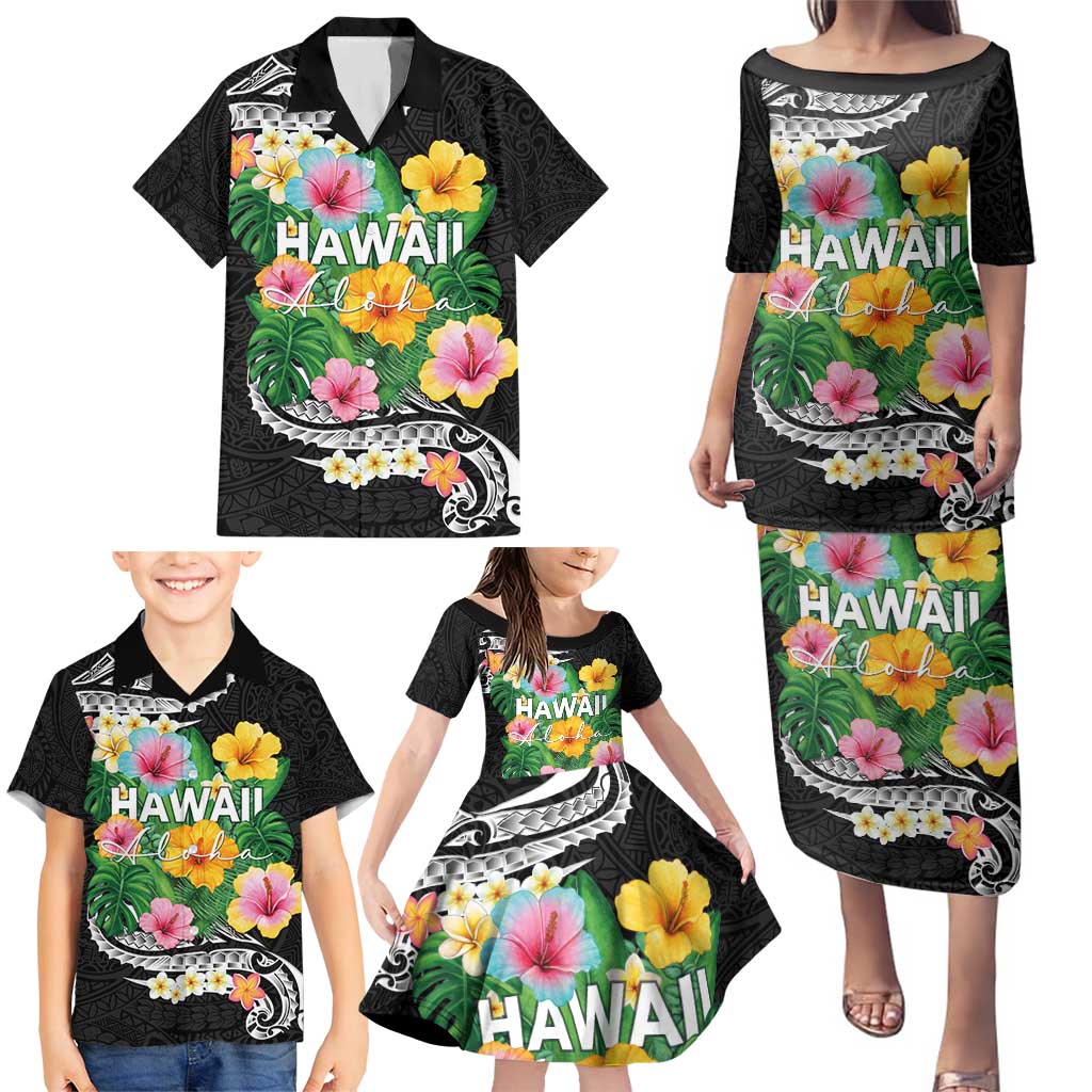 Hawaii Aloha Tropical Leaves and Flower Family Matching Puletasi and Hawaiian Shirt with Polynesian Art Tattoo Black Color - Polynesian Pride