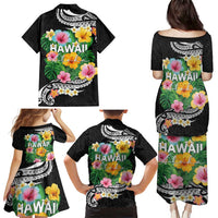 Hawaii Aloha Tropical Leaves and Flower Family Matching Puletasi and Hawaiian Shirt with Polynesian Art Tattoo Black Color - Polynesian Pride