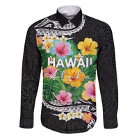 Hawaii Aloha Tropical Leaves and Flower Family Matching Puletasi and Hawaiian Shirt with Polynesian Art Tattoo Black Color - Polynesian Pride