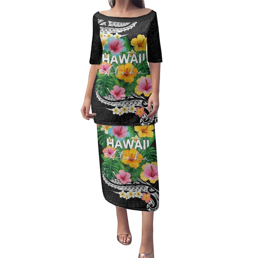 Hawaii Aloha Tropical Leaves and Flower Family Matching Puletasi and Hawaiian Shirt with Polynesian Art Tattoo Black Color - Polynesian Pride