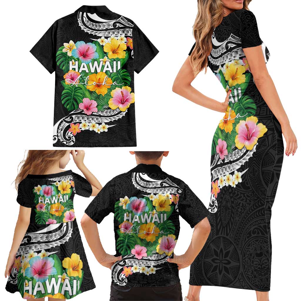 Hawaii Aloha Tropical Leaves and Flower Family Matching Short Sleeve Bodycon Dress and Hawaiian Shirt with Polynesian Art Tattoo Black Color - Polynesian Pride