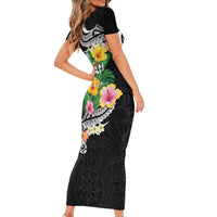 Hawaii Aloha Tropical Leaves and Flower Family Matching Short Sleeve Bodycon Dress and Hawaiian Shirt with Polynesian Art Tattoo Black Color - Polynesian Pride
