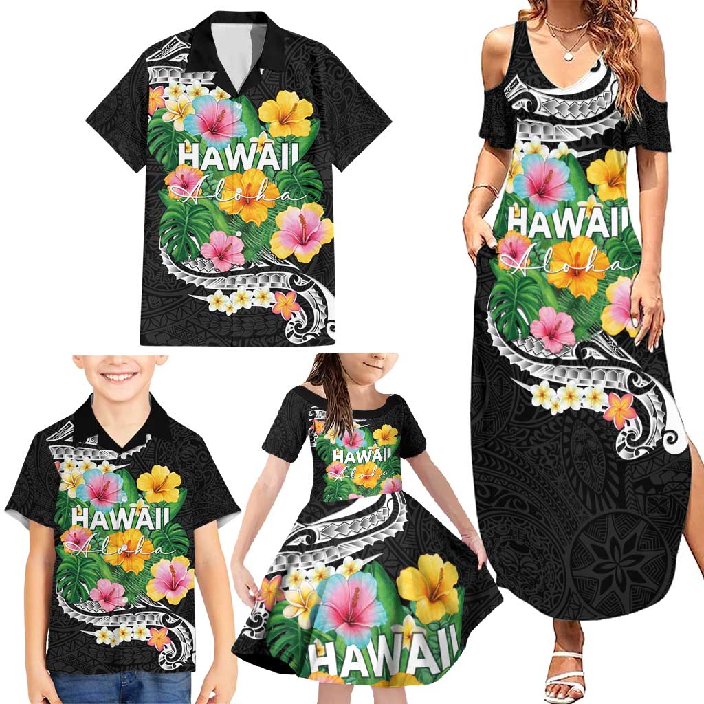 Hawaii Aloha Tropical Leaves and Flower Family Matching Summer Maxi Dress and Hawaiian Shirt with Polynesian Art Tattoo Black Color - Polynesian Pride
