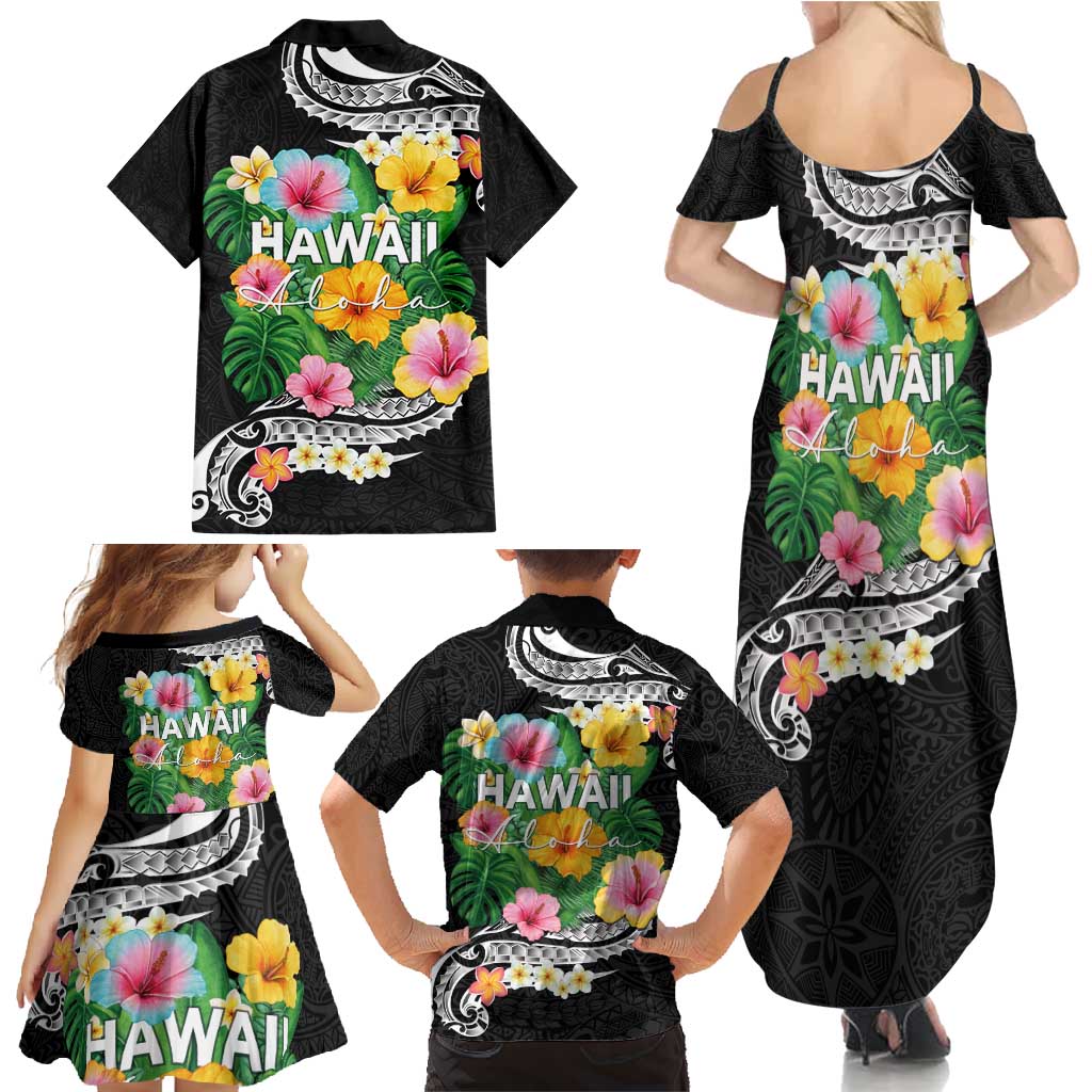 Hawaii Aloha Tropical Leaves and Flower Family Matching Summer Maxi Dress and Hawaiian Shirt with Polynesian Art Tattoo Black Color - Polynesian Pride