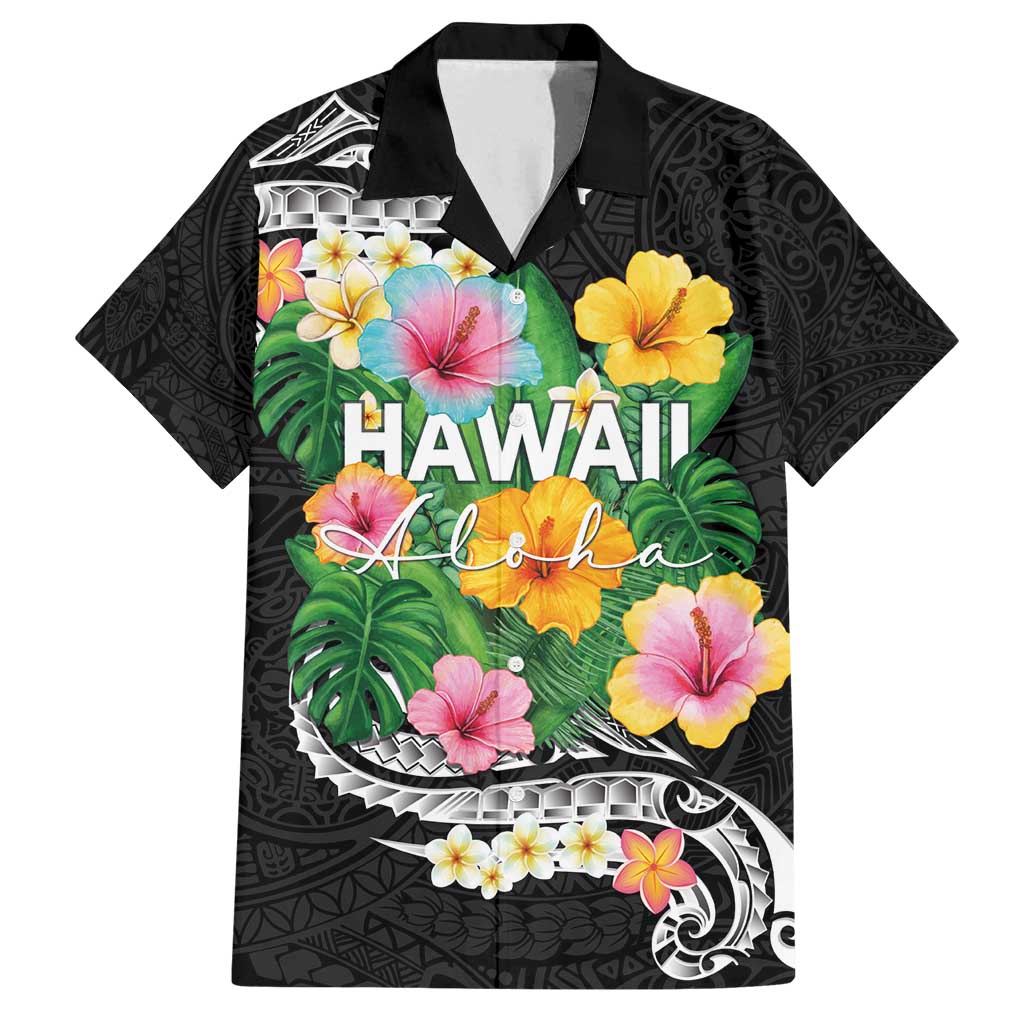 Hawaii Aloha Tropical Leaves and Flower Family Matching Summer Maxi Dress and Hawaiian Shirt with Polynesian Art Tattoo Black Color - Polynesian Pride