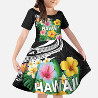Hawaii Aloha Tropical Leaves and Flower Family Matching Tank Maxi Dress and Hawaiian Shirt with Polynesian Art Tattoo Black Color - Polynesian Pride