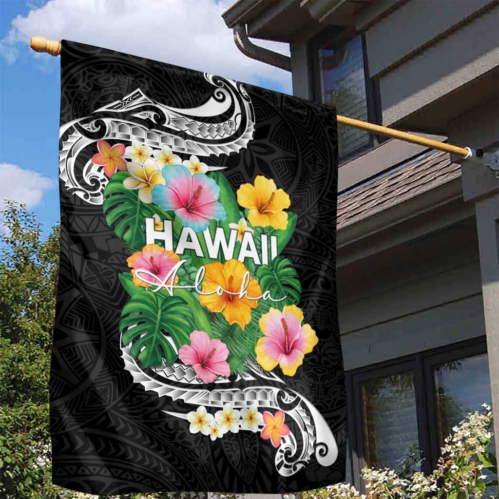 Hawaii Aloha Tropical Leaves and Flower Garden Flag with Polynesian Art Tattoo Black Color - Polynesian Pride