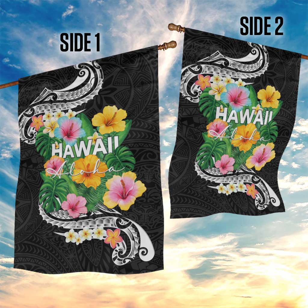 Hawaii Aloha Tropical Leaves and Flower Garden Flag with Polynesian Art Tattoo Black Color - Polynesian Pride