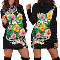 Hawaii Aloha Tropical Leaves and Flower Hoodie Dress with Polynesian Art Tattoo Black Color - Polynesian Pride