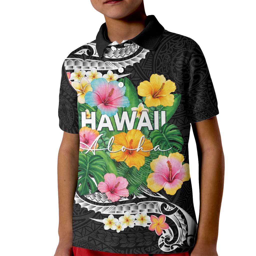 Hawaii Aloha Tropical Leaves and Flower Kid Polo Shirt with Polynesian Art Tattoo Black Color - Polynesian Pride
