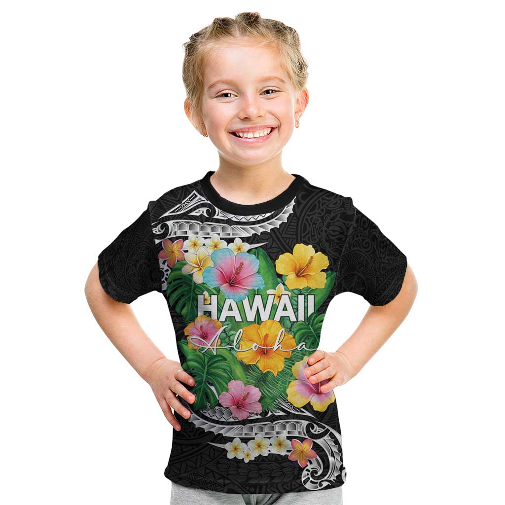Hawaii Aloha Tropical Leaves and Flower Kid T Shirt with Polynesian Art Tattoo Black Color - Polynesian Pride