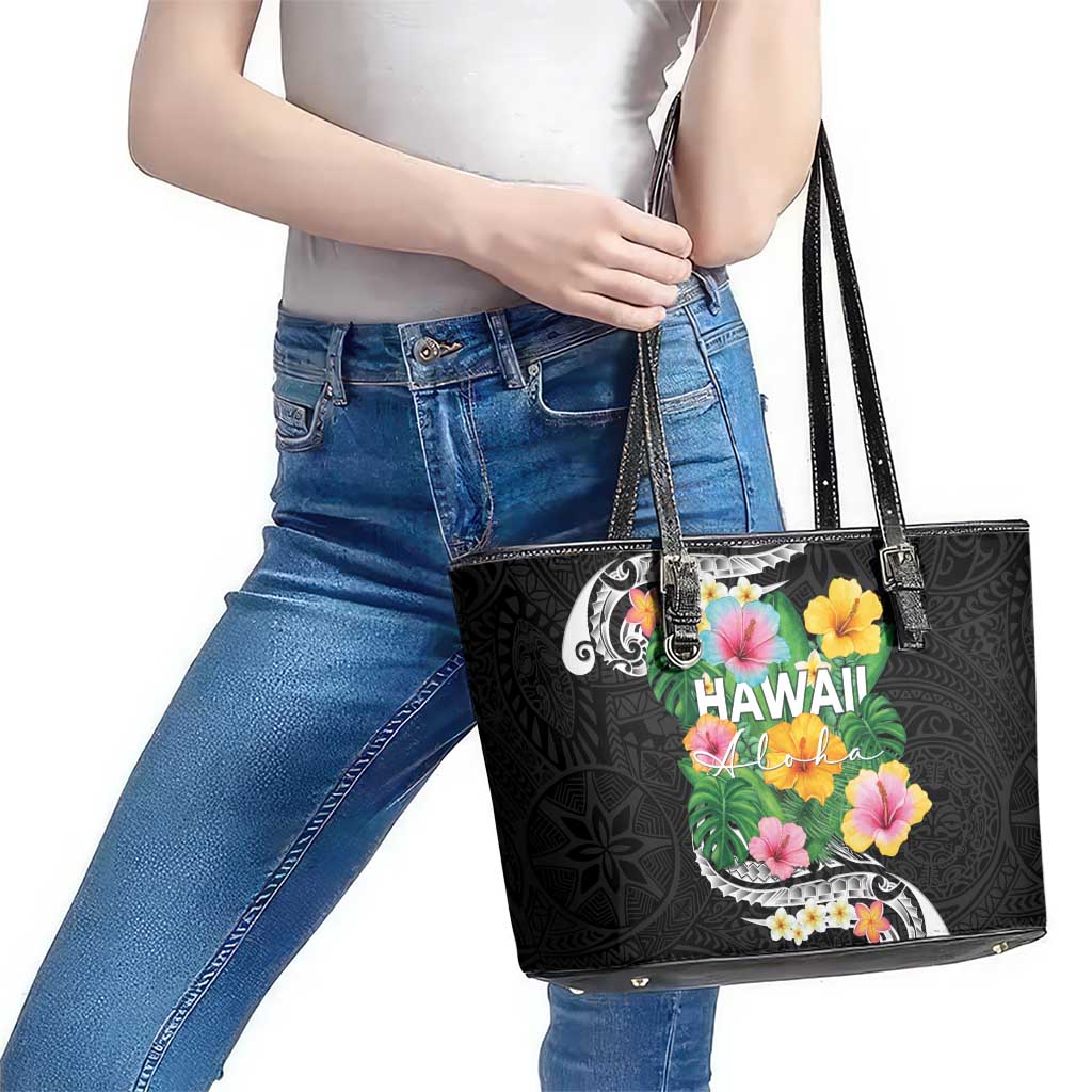Hawaii Aloha Tropical Leaves and Flower Leather Tote Bag with Polynesian Art Tattoo Black Color - Polynesian Pride