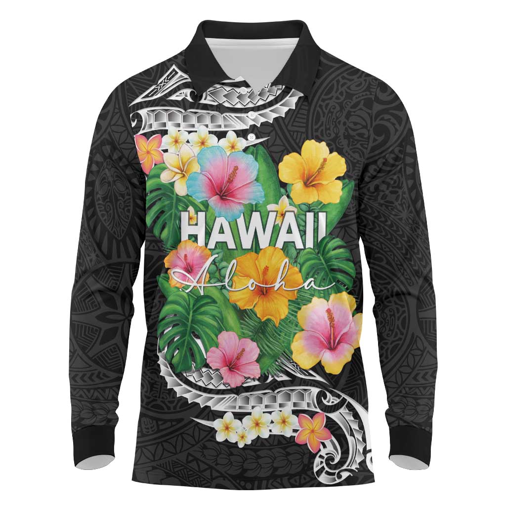 Hawaii Aloha Tropical Leaves and Flower Long Sleeve Polo Shirt with Polynesian Art Tattoo Black Color - Polynesian Pride