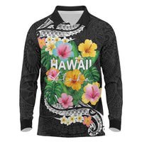 Hawaii Aloha Tropical Leaves and Flower Long Sleeve Polo Shirt with Polynesian Art Tattoo Black Color - Polynesian Pride