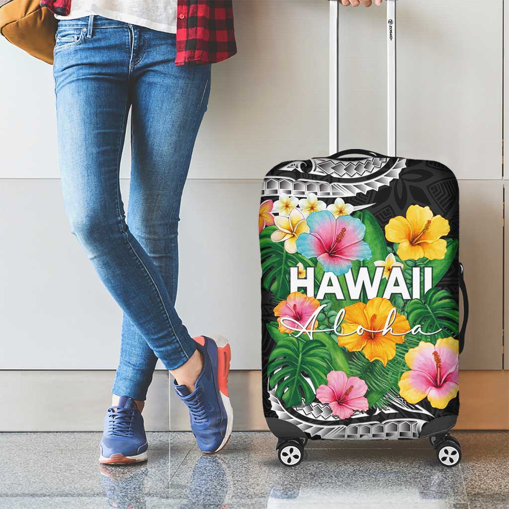 Hawaii Aloha Tropical Leaves and Flower Luggage Cover with Polynesian Art Tattoo Black Color - Polynesian Pride