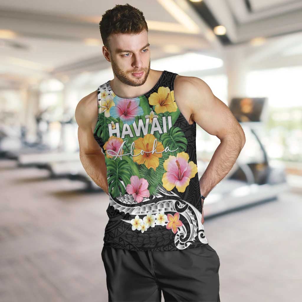 Hawaii Aloha Tropical Leaves and Flower Men Tank Top with Polynesian Art Tattoo Black Color - Polynesian Pride