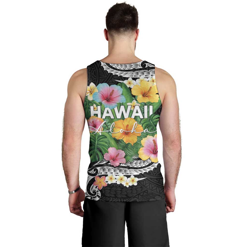 Hawaii Aloha Tropical Leaves and Flower Men Tank Top with Polynesian Art Tattoo Black Color - Polynesian Pride