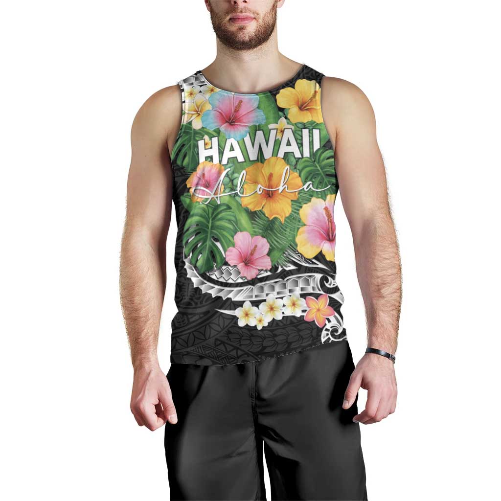 Hawaii Aloha Tropical Leaves and Flower Men Tank Top with Polynesian Art Tattoo Black Color - Polynesian Pride