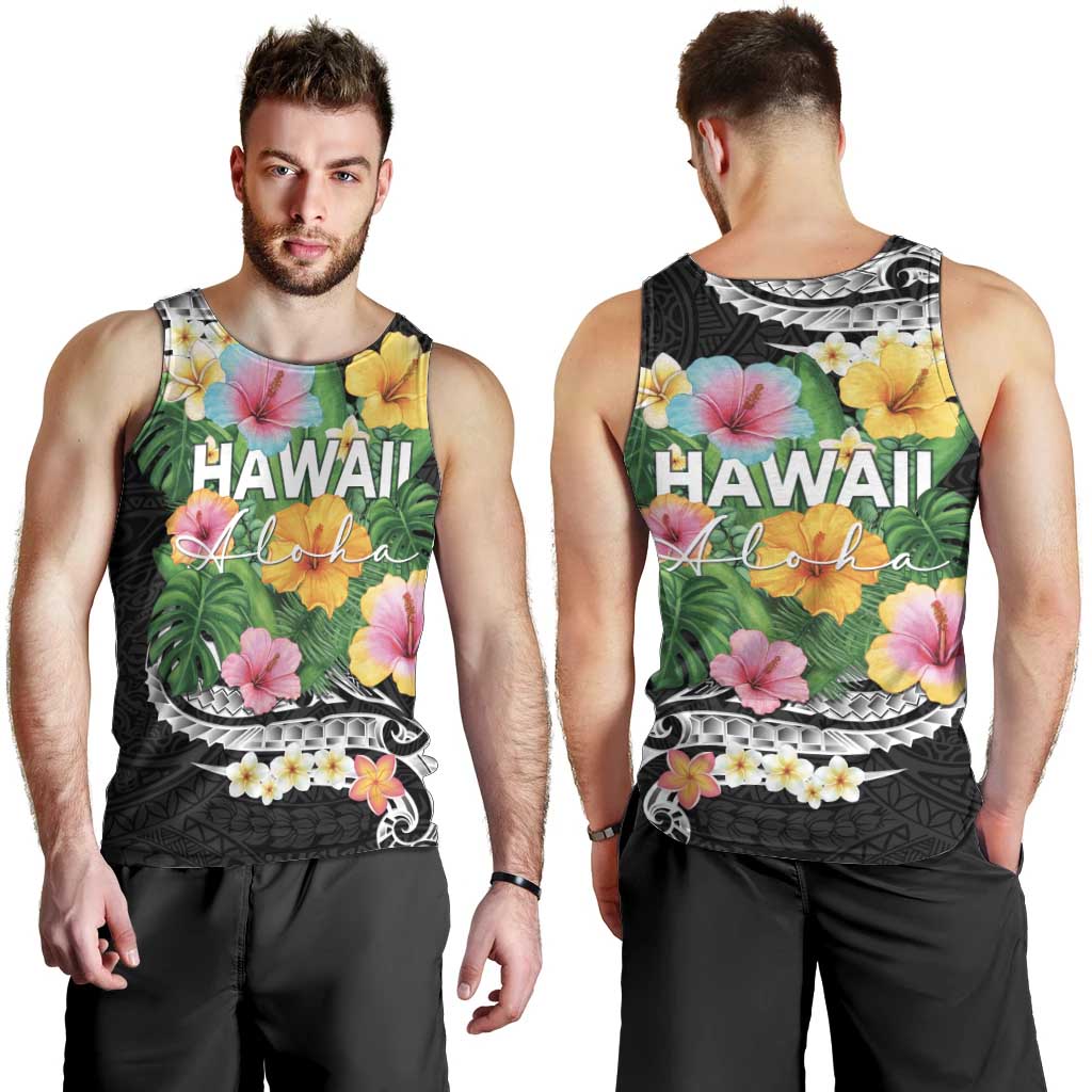 Hawaii Aloha Tropical Leaves and Flower Men Tank Top with Polynesian Art Tattoo Black Color - Polynesian Pride