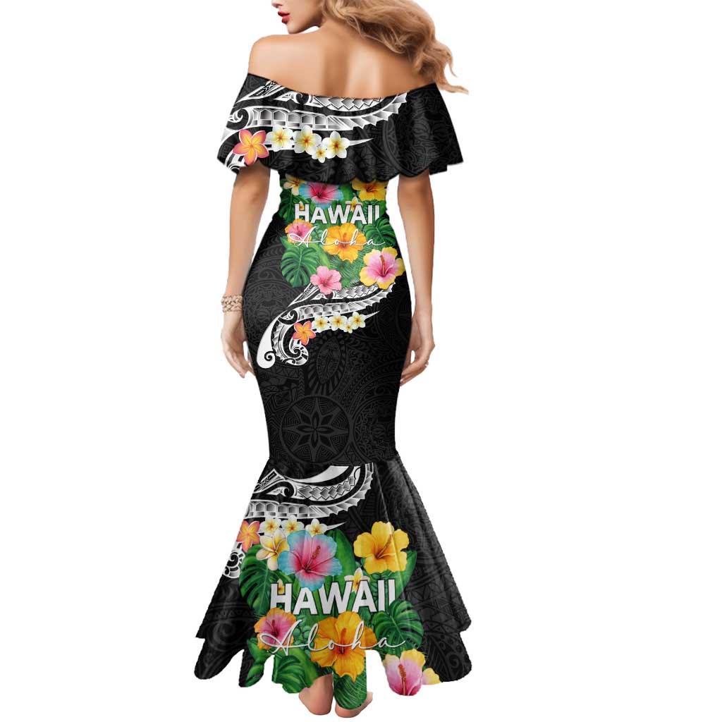 Hawaii Aloha Tropical Leaves and Flower Mermaid Dress with Polynesian Art Tattoo Black Color - Polynesian Pride