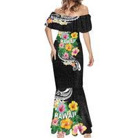 Hawaii Aloha Tropical Leaves and Flower Mermaid Dress with Polynesian Art Tattoo Black Color - Polynesian Pride