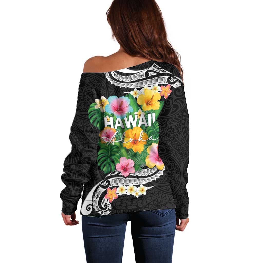 Hawaii Aloha Tropical Leaves and Flower Off Shoulder Sweater with Polynesian Art Tattoo Black Color - Polynesian Pride