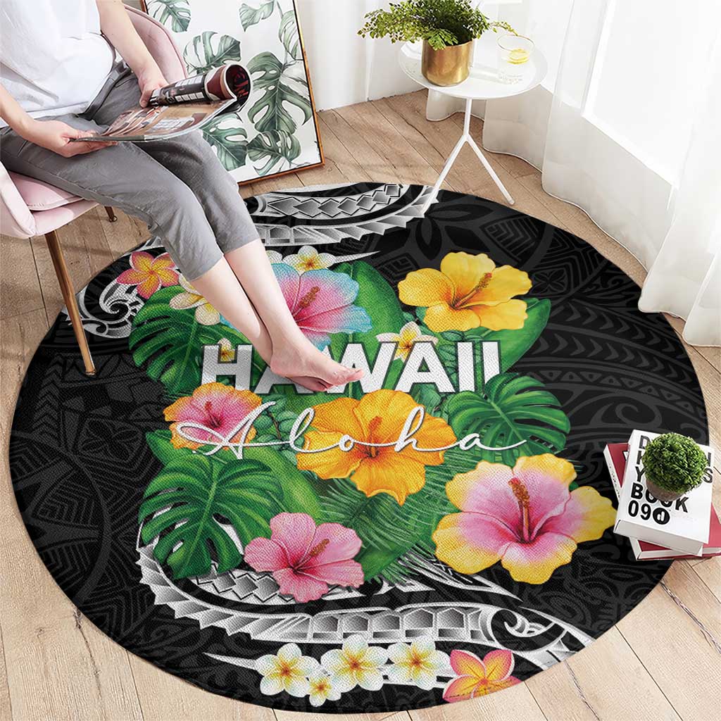 Hawaii Aloha Tropical Leaves and Flower Round Carpet with Polynesian Art Tattoo Black Color - Polynesian Pride