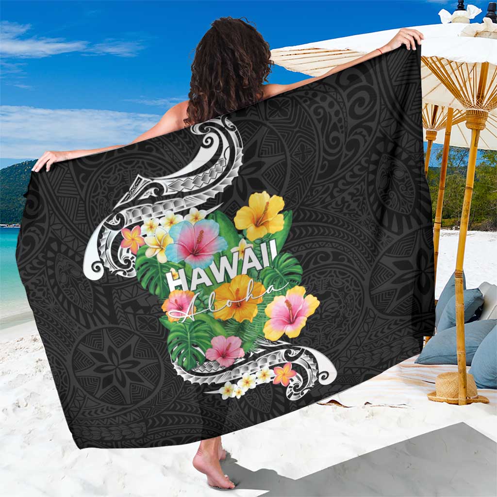 Hawaii Aloha Tropical Leaves and Flower Sarong with Polynesian Art Tattoo Black Color LT03 One Size 44 x 66 inches Black - Polynesian Pride