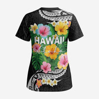 Hawaii Aloha Tropical Leaves and Flower Scrub Top with Polynesian Art Tattoo Black Color - Polynesian Pride