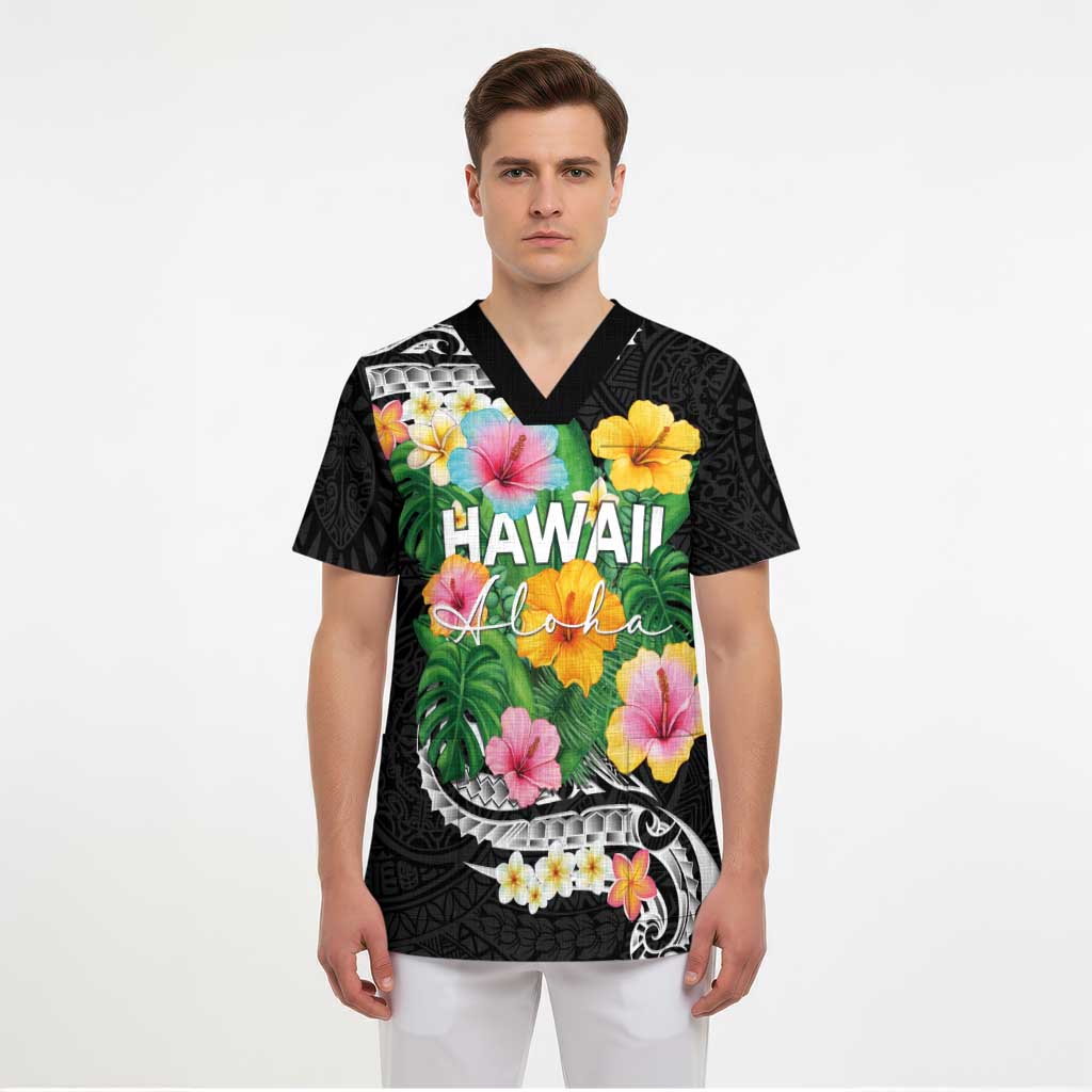 Hawaii Aloha Tropical Leaves and Flower Scrub Top with Polynesian Art Tattoo Black Color - Polynesian Pride