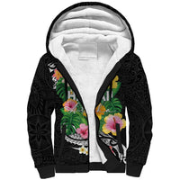 Hawaii Aloha Tropical Leaves and Flower Sherpa Hoodie with Polynesian Art Tattoo Black Color - Polynesian Pride