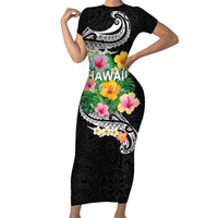Hawaii Aloha Tropical Leaves and Flower Short Sleeve Bodycon Dress with Polynesian Art Tattoo Black Color - Polynesian Pride