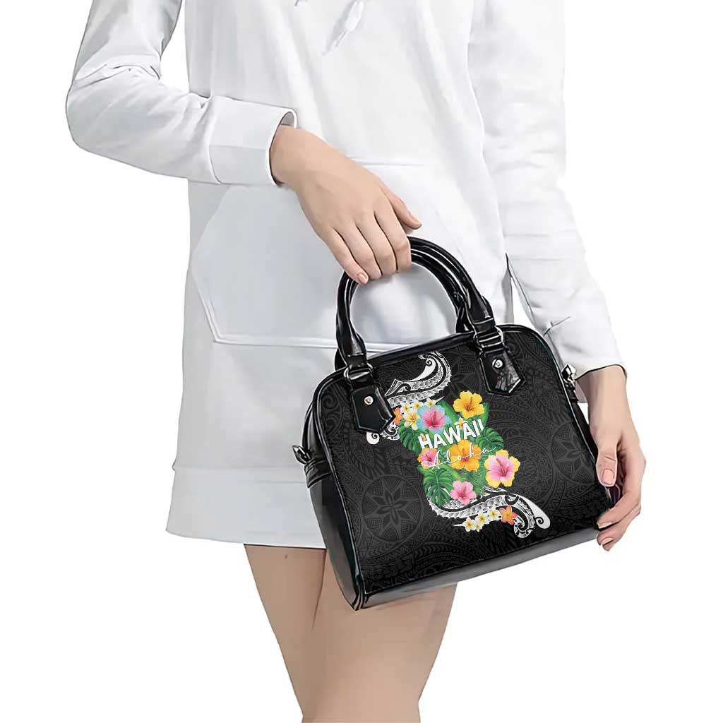 Hawaii Aloha Tropical Leaves and Flower Shoulder Handbag with Polynesian Art Tattoo Black Color - Polynesian Pride
