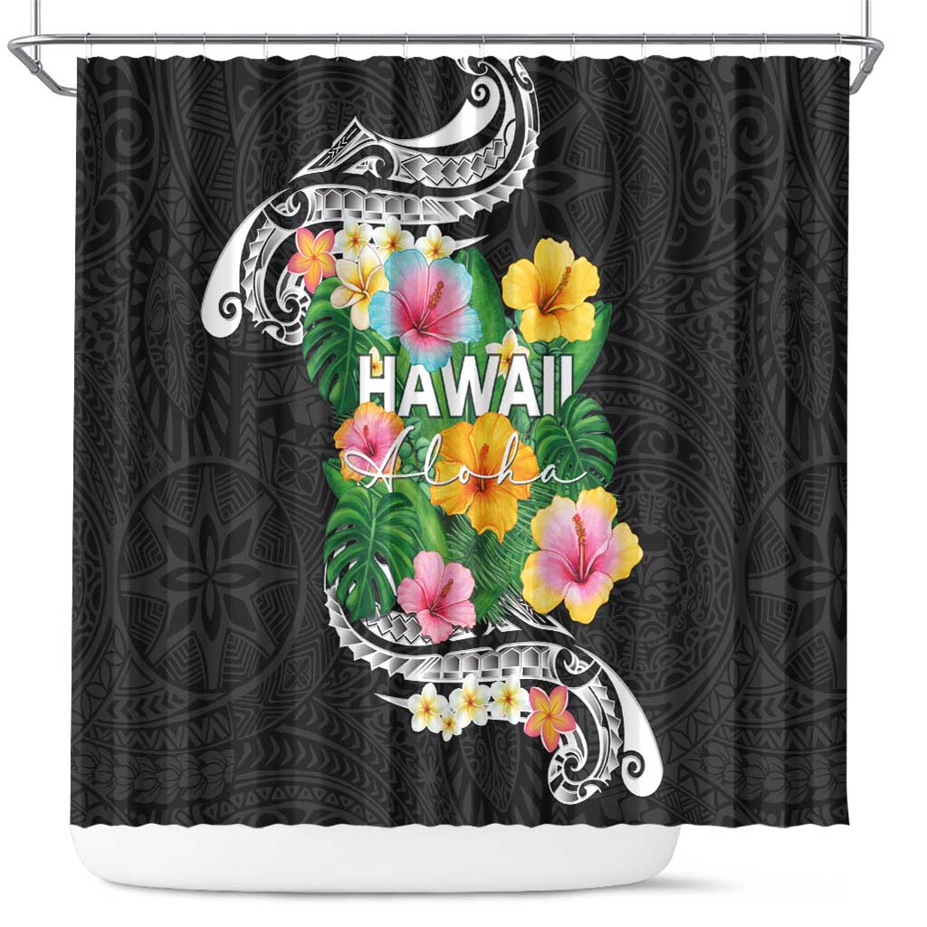 Hawaii Aloha Tropical Leaves and Flower Shower Curtain with Polynesian Art Tattoo Black Color - Polynesian Pride