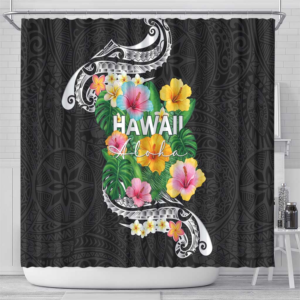 Hawaii Aloha Tropical Leaves and Flower Shower Curtain with Polynesian Art Tattoo Black Color - Polynesian Pride