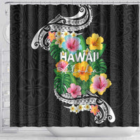 Hawaii Aloha Tropical Leaves and Flower Shower Curtain with Polynesian Art Tattoo Black Color - Polynesian Pride