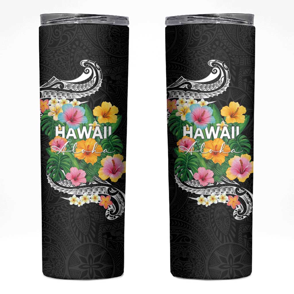 Hawaii Aloha Tropical Leaves and Flower Skinny Tumbler with Polynesian Art Tattoo Black Color - Polynesian Pride