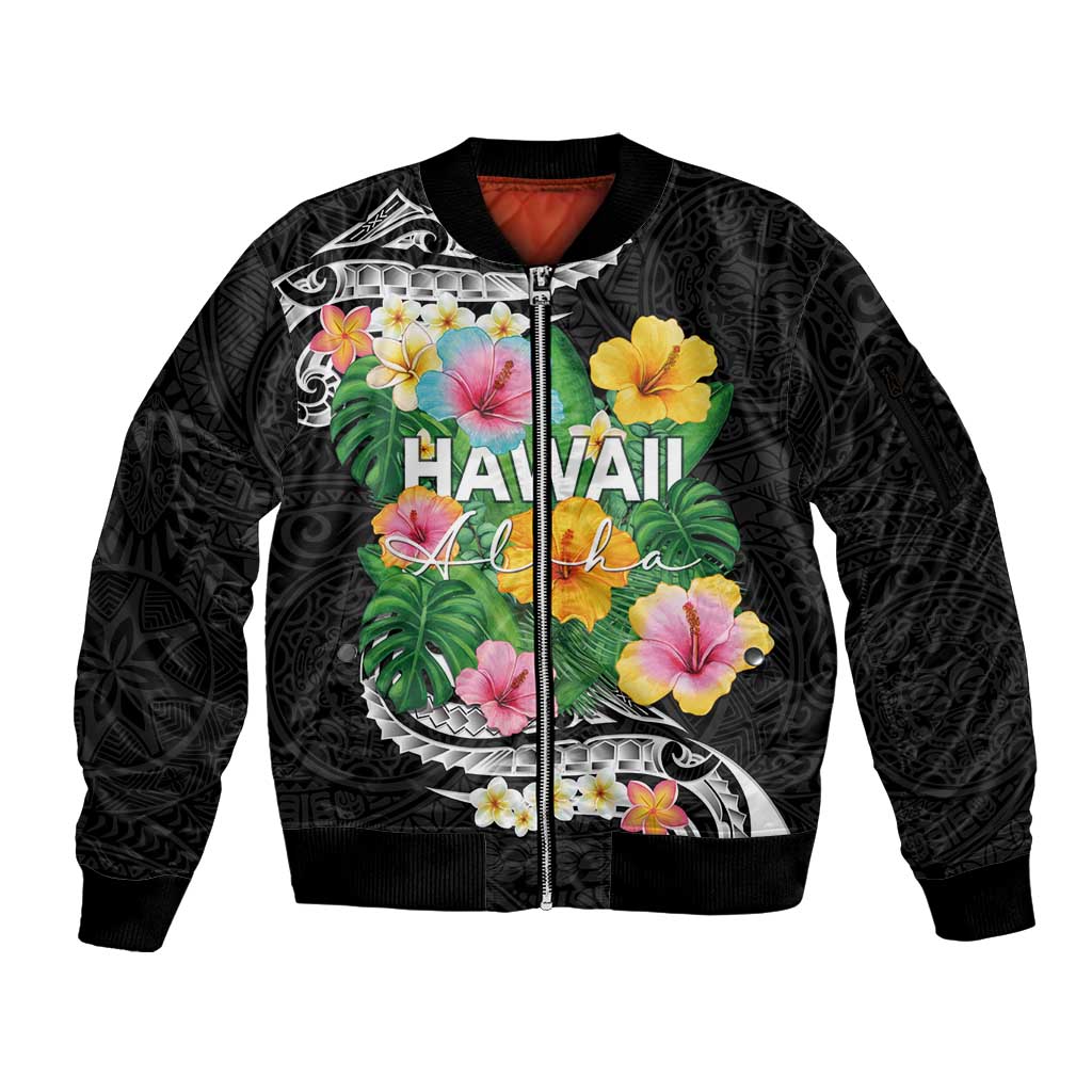 Hawaii Aloha Tropical Leaves and Flower Sleeve Zip Bomber Jacket with Polynesian Art Tattoo Black Color - Polynesian Pride