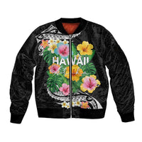 Hawaii Aloha Tropical Leaves and Flower Sleeve Zip Bomber Jacket with Polynesian Art Tattoo Black Color - Polynesian Pride