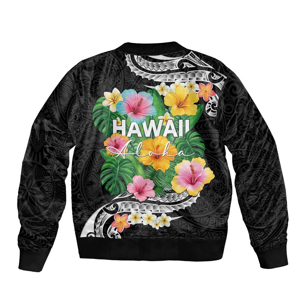 Hawaii Aloha Tropical Leaves and Flower Sleeve Zip Bomber Jacket with Polynesian Art Tattoo Black Color - Polynesian Pride
