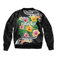 Hawaii Aloha Tropical Leaves and Flower Sleeve Zip Bomber Jacket with Polynesian Art Tattoo Black Color - Polynesian Pride