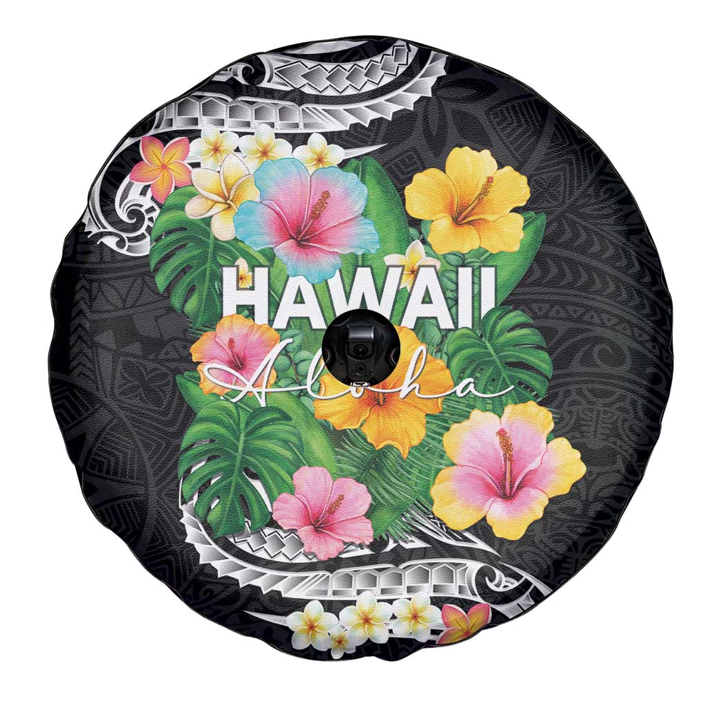 Hawaii Aloha Tropical Leaves and Flower Spare Tire Cover with Polynesian Art Tattoo Black Color - Polynesian Pride
