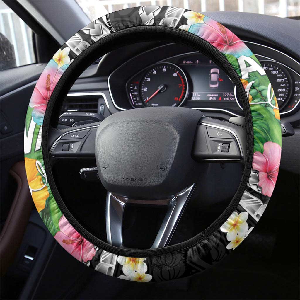 Hawaii Aloha Tropical Leaves and Flower Steering Wheel Cover with Polynesian Art Tattoo Black Color - Polynesian Pride