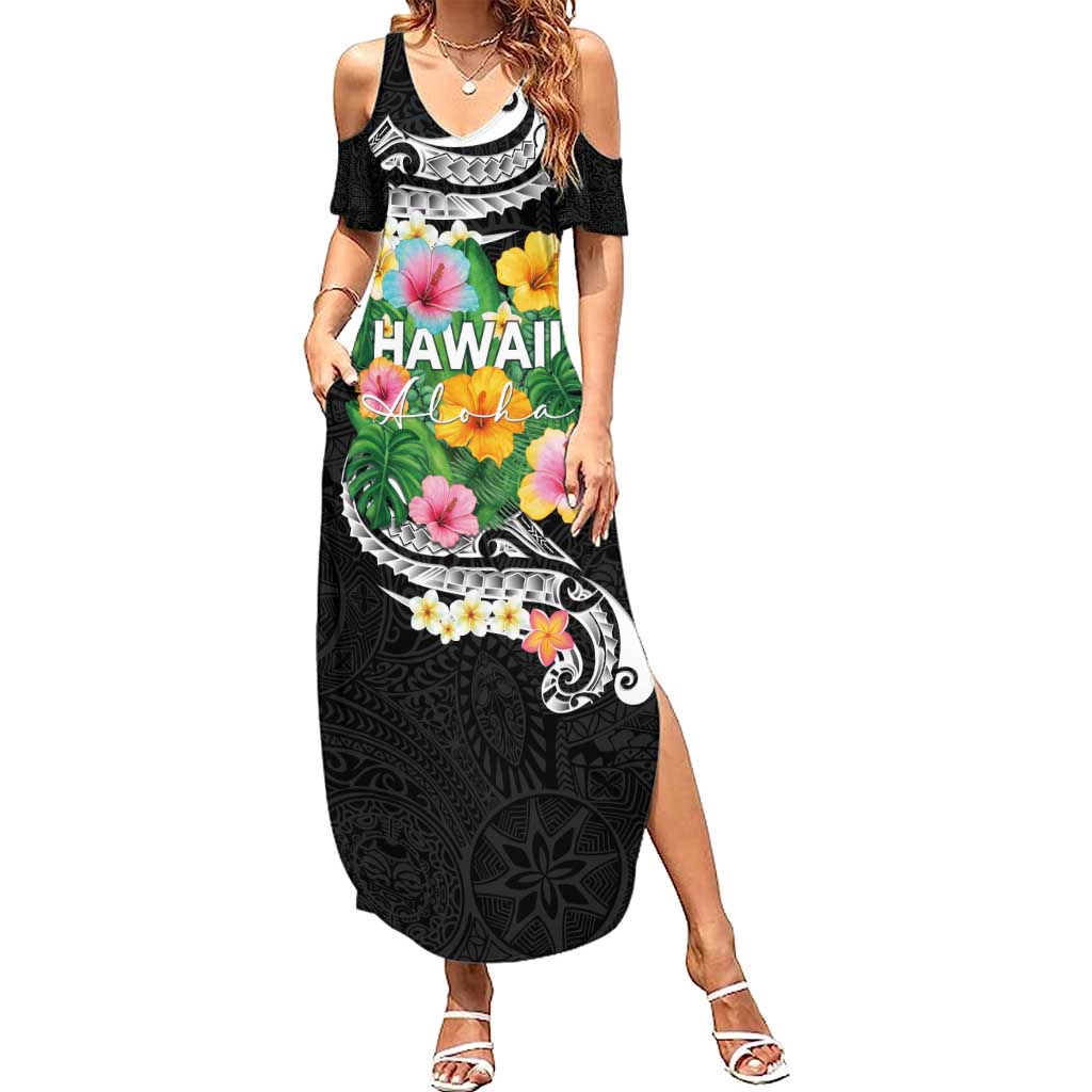 Hawaii Aloha Tropical Leaves and Flower Summer Maxi Dress with Polynesian Art Tattoo Black Color - Polynesian Pride