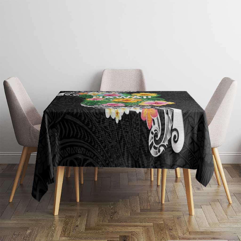 Hawaii Aloha Tropical Leaves and Flower Tablecloth with Polynesian Art Tattoo Black Color - Polynesian Pride