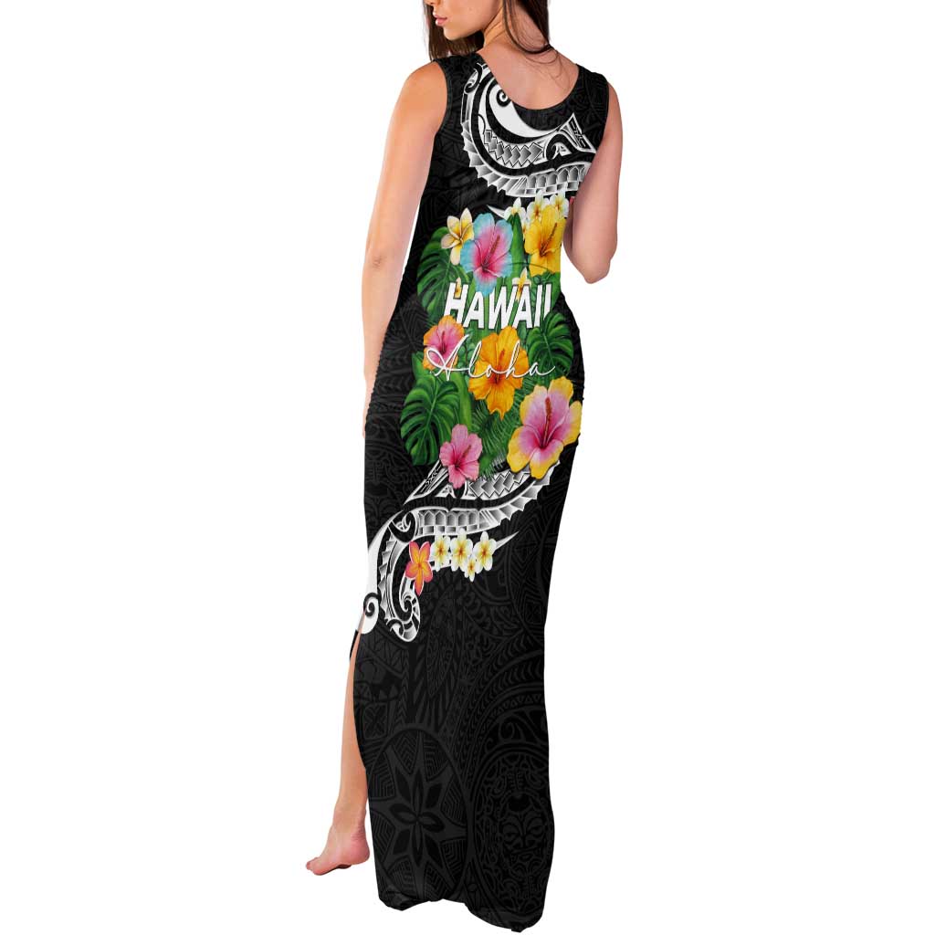 Hawaii Aloha Tropical Leaves and Flower Tank Maxi Dress with Polynesian Art Tattoo Black Color - Polynesian Pride