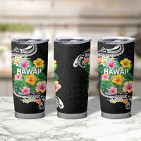Hawaii Aloha Tropical Leaves and Flower Tumbler Cup with Polynesian Art Tattoo Black Color - Polynesian Pride