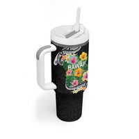 Hawaii Aloha Tropical Leaves and Flower Tumbler With Handle with Polynesian Art Tattoo Black Color - Polynesian Pride