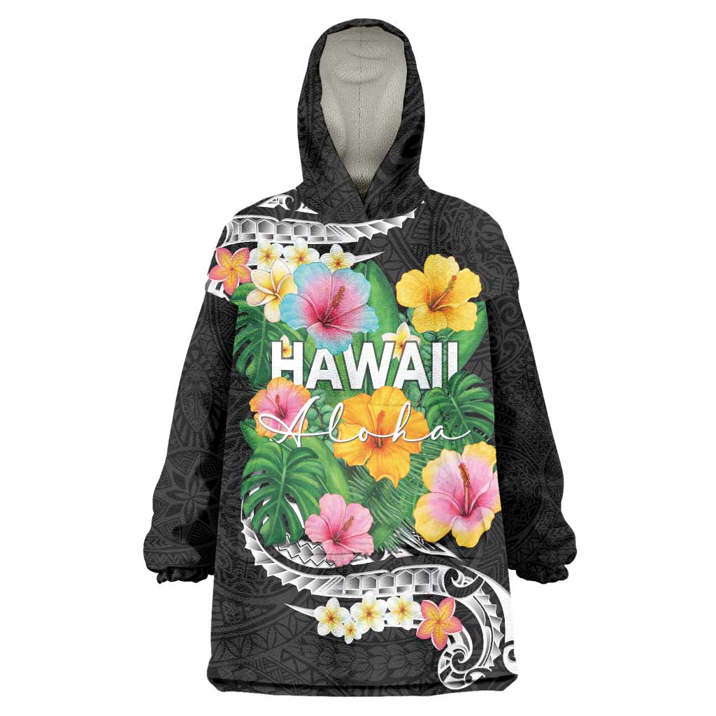 Hawaii Aloha Tropical Leaves and Flower Wearable Blanket Hoodie with Polynesian Art Tattoo Black Color - Polynesian Pride